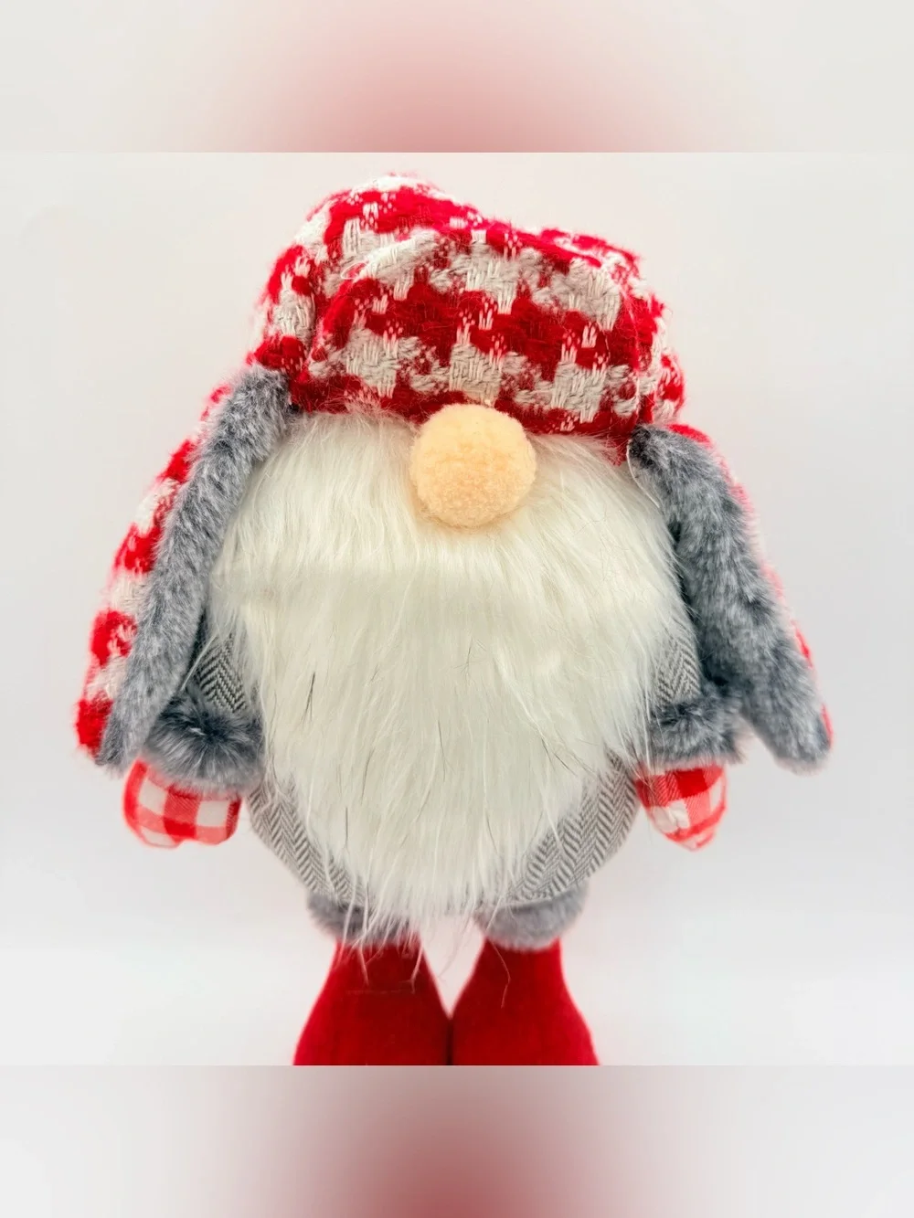 Christmas Gnome Plush Standing Red Gray Buffalo Plaid Nordic Holiday Decor 14”H
